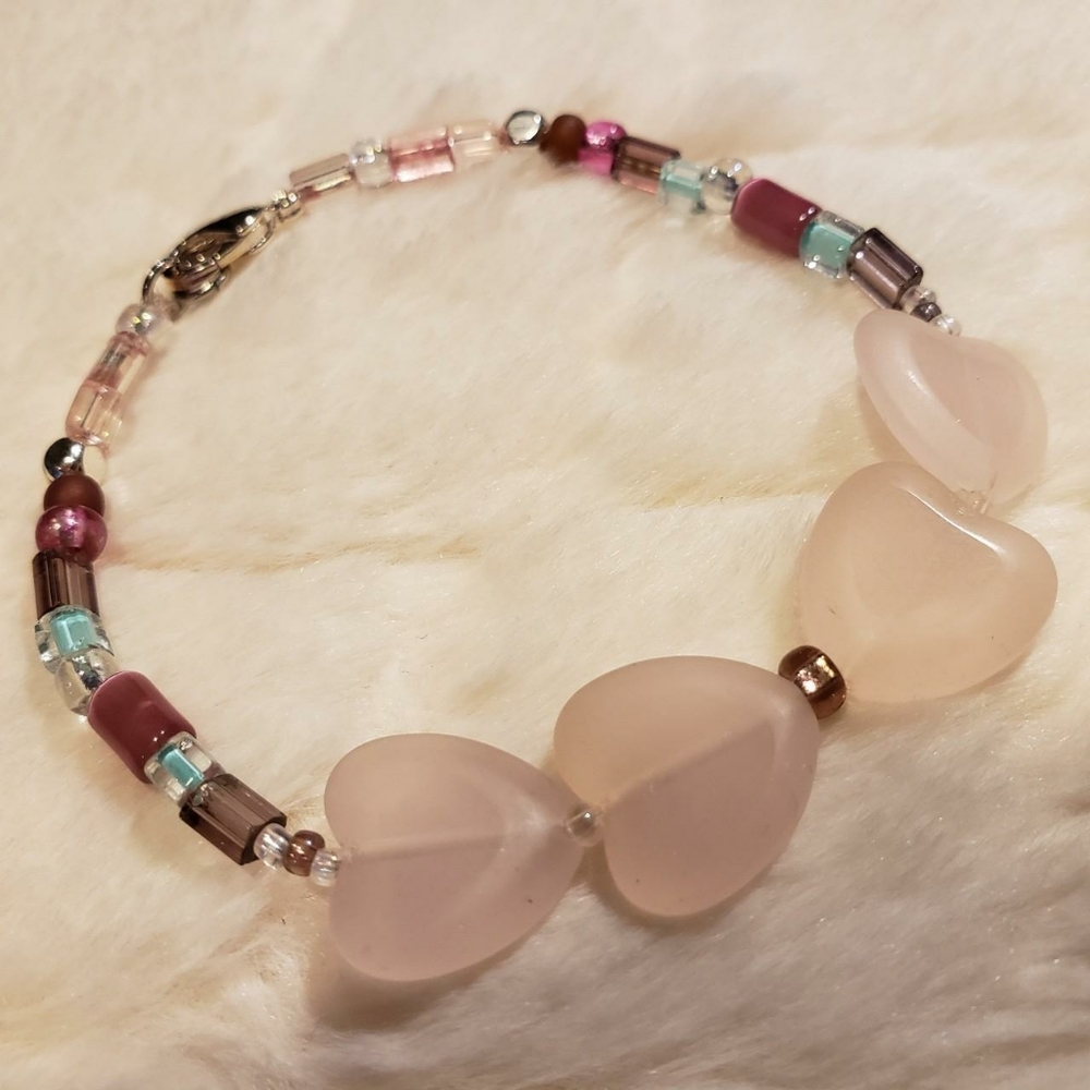 Pink Heart Beaded Bracelet Stainless Steel Clasp 7 inches long Custom Handmade